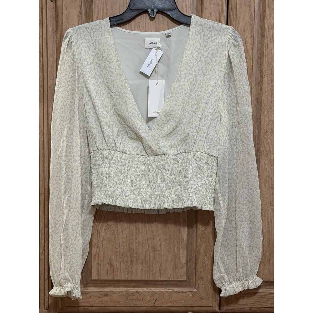 Aritzia Wilfred Wistful Smocked Sheer Chiffon Crop Blouse Top Size M Light Birch